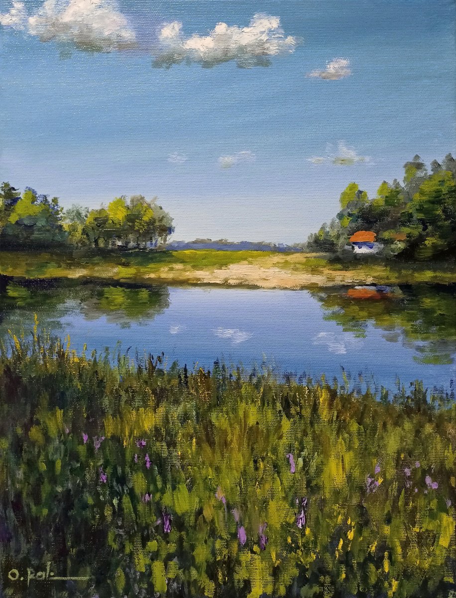 Impressionistic Landscape Oil Painting By Oleh Rak, 12 X 16", A Farmstead By The River, Original Artwork