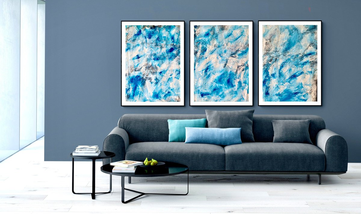 Abstract Landscape Acrylic Painting By Anita Kaufmann, 83 X 39, Atlantic Crossing No. 3821 Xxl - Set Of 3, Original Artwork