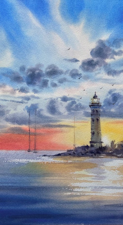 Sunset on the sea  Lighthouse #5 by Eugenia Gorbacheva