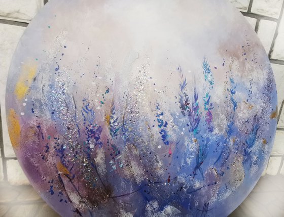 Lavender flowers on round canvas, Lilac flowers painting