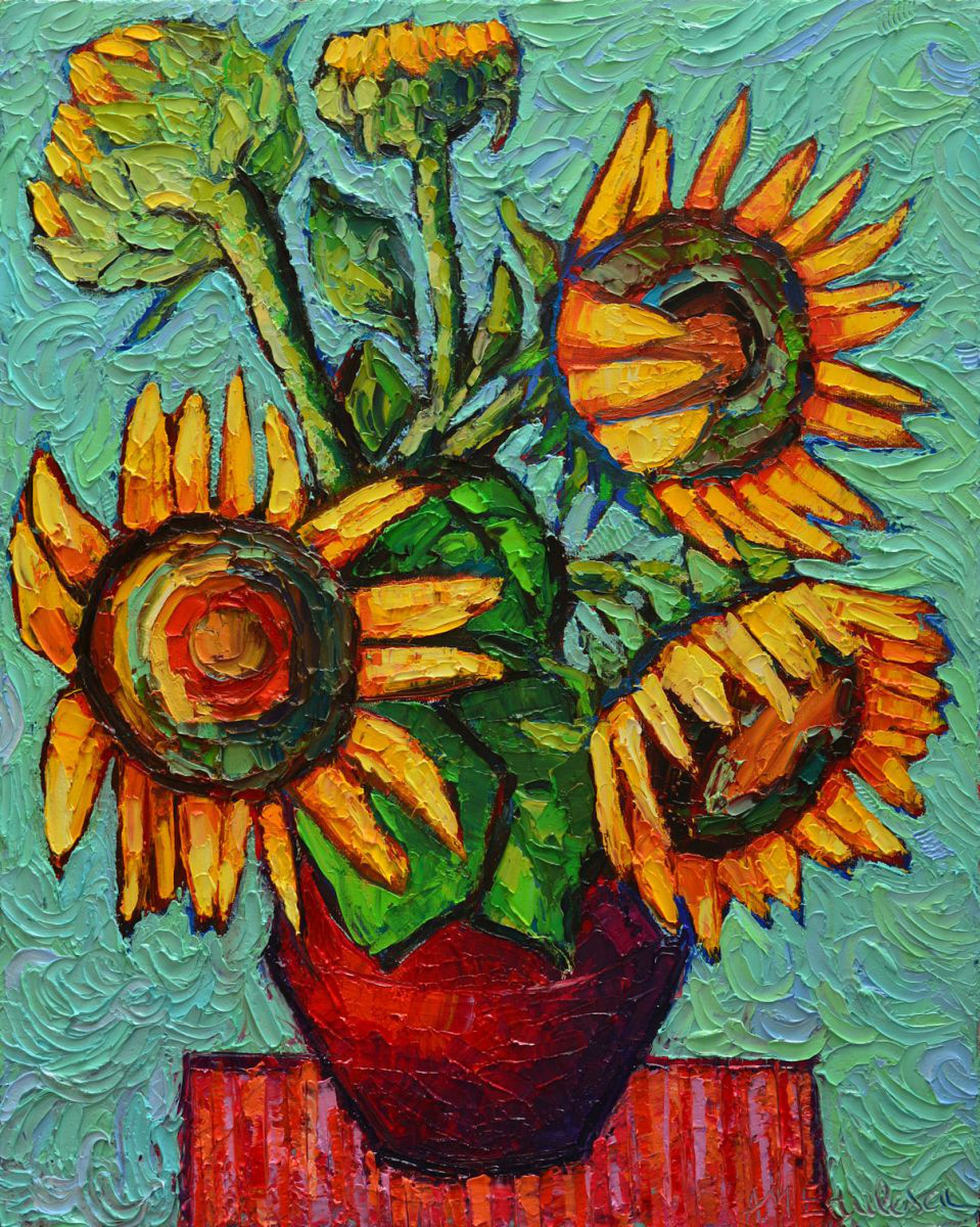 Sunflowers In Red Vase Modern Impressionist Im Artfinder