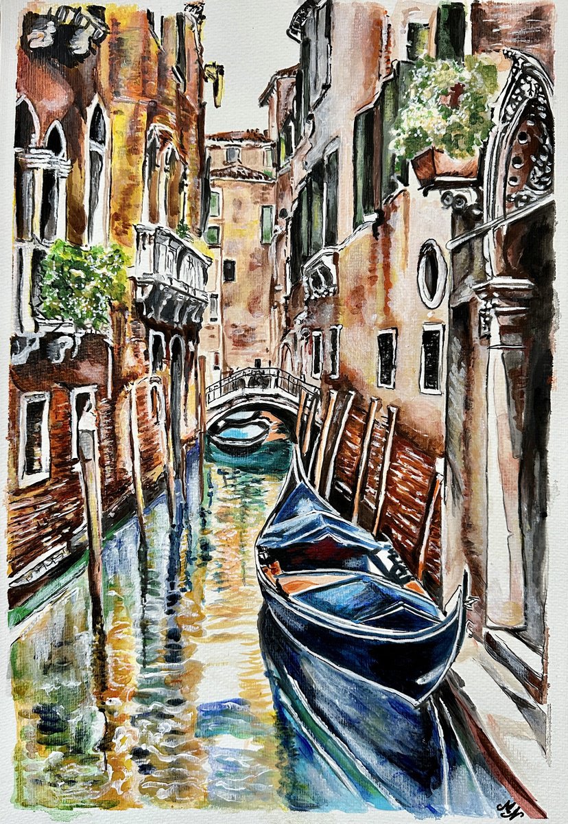 Impressionistic Cityscapes Watercolour By Misty Lady - M. Nierobisz, 13 X 19", The Lazy Day In Venice, Original Artwork