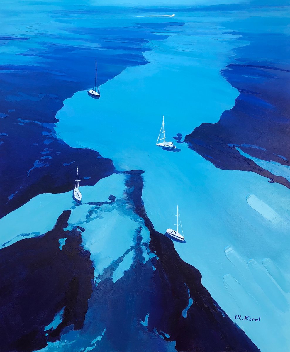 Photorealistic Landscape Oil Painting By Ulyana Korol, 21 X 26", Mallorca. Turquoise Flight, Original Artwork