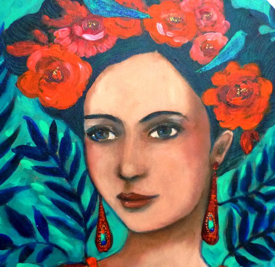 Inspiration Frida Kahlo, portrait of woman with flowering hair. Tondo 40 cm