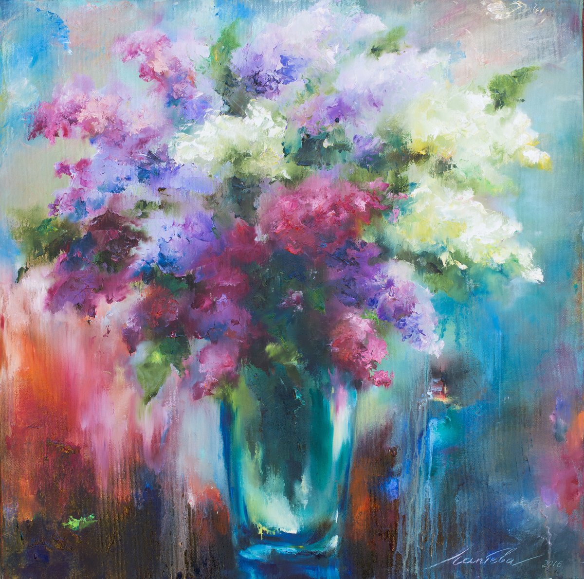 Expressive Botanical Oil Painting By Olha Laptieva, 20 X 20", Bright Lilac, Original Artwork