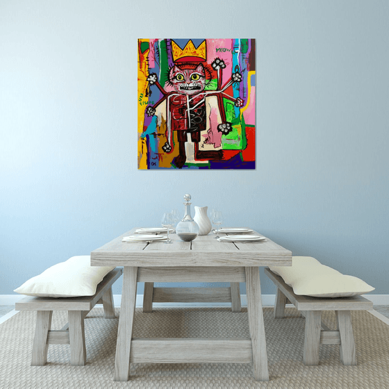 KING TROY the cat, ( 102 x 91 cm, 40 x 36 inches),  multi-armed, multitasking, inspired by Basquiat and Indian culture, solving the problems of the modern rapidly changing world in parallel and seamlessly