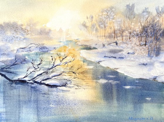Sunrise in the park - original watercolor landscape