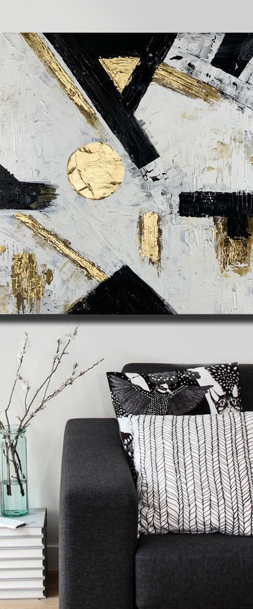 Black and White Abstract Painting, Golf Leaf, Minimalist Art, Modern Wall Art Decor, Original Textured Painting by Lana Guise