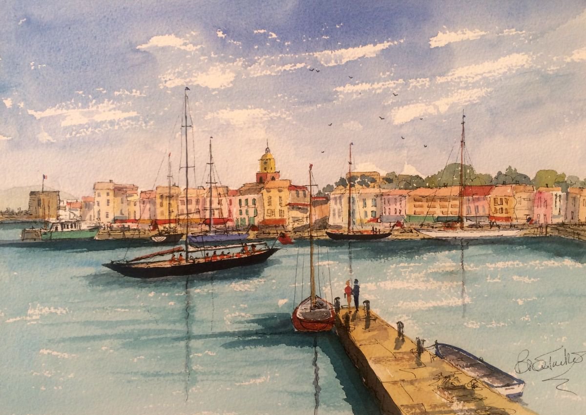 Photorealistic Landscape Watercolour By Brian Tucker, 14 X 10, Saint Tropez -Yacht Race, Original Artwork