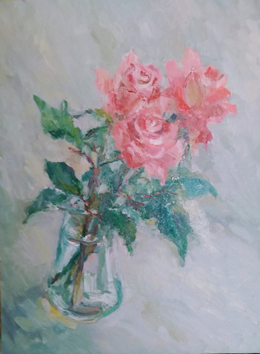 Impressionistic Still Life Oil Painting By Elena Klyan, 12 X 16, Roses In Vase., Original Artwork