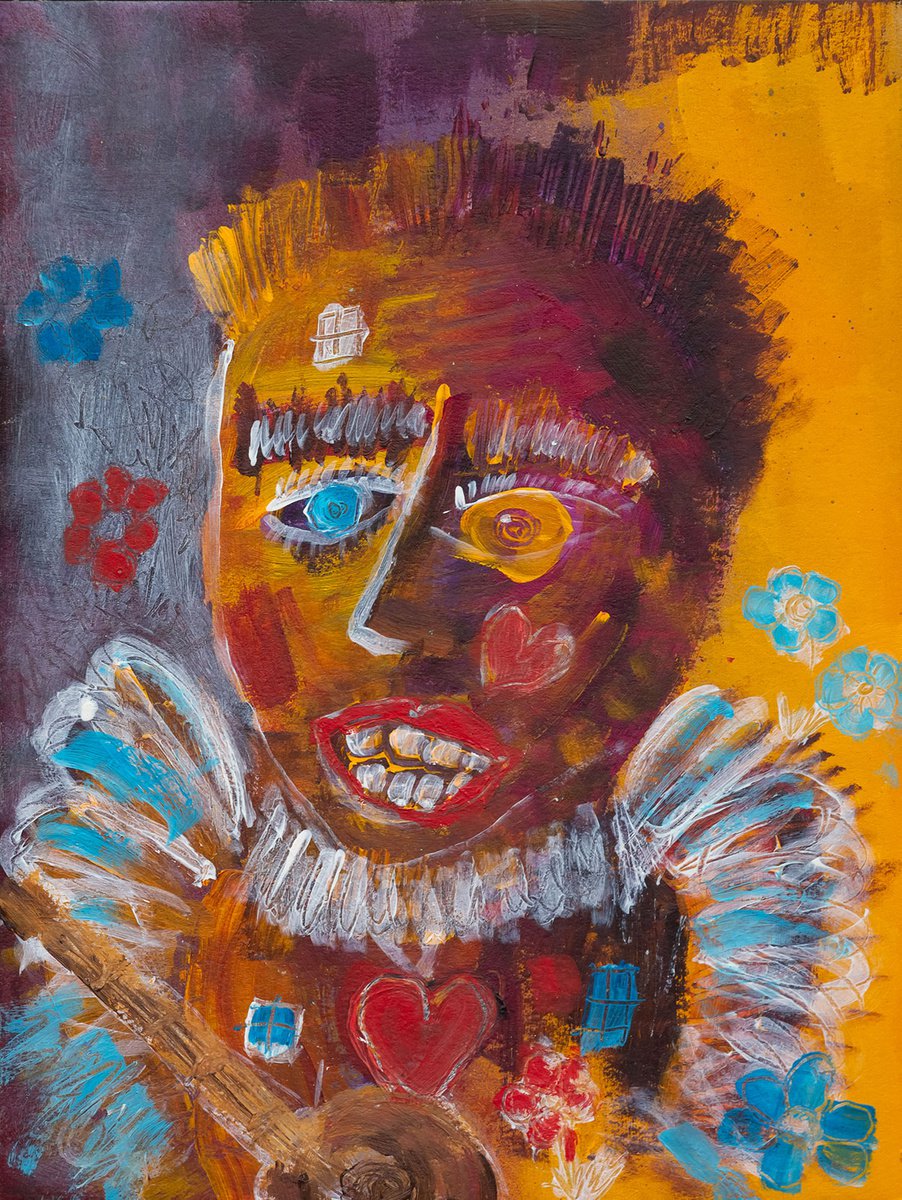 Expressive Portrait Acrylic Painting By Peter Zelei, 9 X 12", Angel With Mandolin, Original Artwork