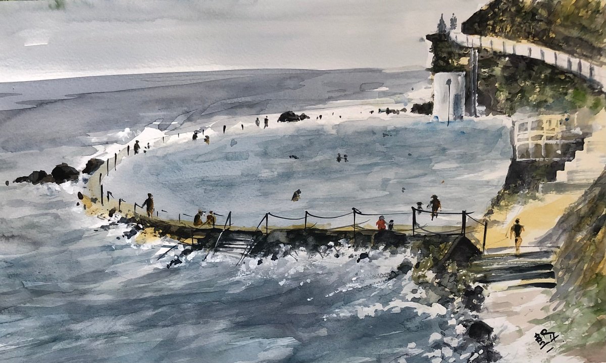 Impressionistic Landscape Watercolour By Bernd Rieve, 15 X 10, Fabulous Bronte Sea Baths, Original Artwork