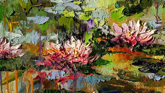 Water lilies original oil large painting, impasto Lily white flowers