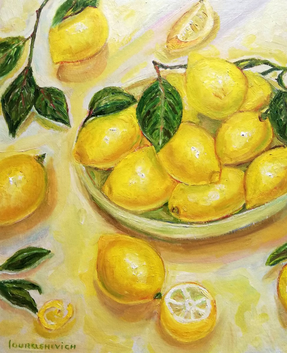 Impressionistic Still Life Oil Painting By Katia Ricci, 10 X 12", Lemons In A Bowl, Original Artwork