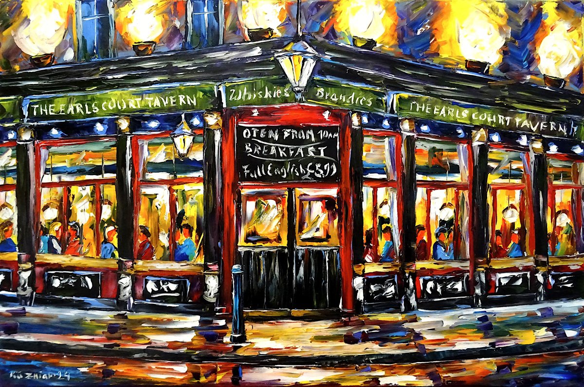 Expressive Cityscapes Oil Painting By Mirek Kuzniar, 24 X 16", The Earls Court Tavern, Original Artwork