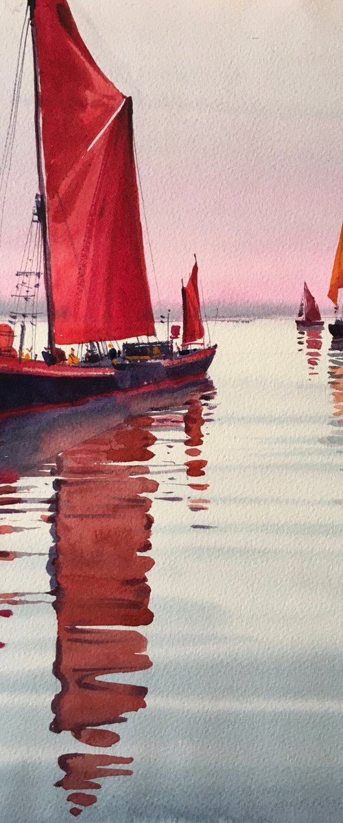 Original watercolor painting “Red sails” by Andrii Kovalyk