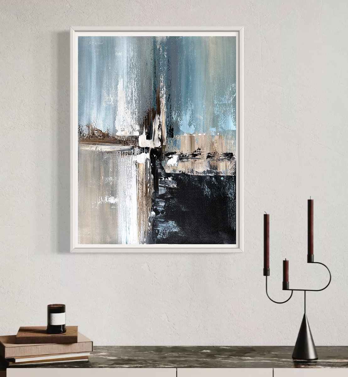 Expressive Abstract Acrylic Painting By Tatiana Malinovscaia, 17 X 22", Ivory Sky Blue Abstract, Original Artwork