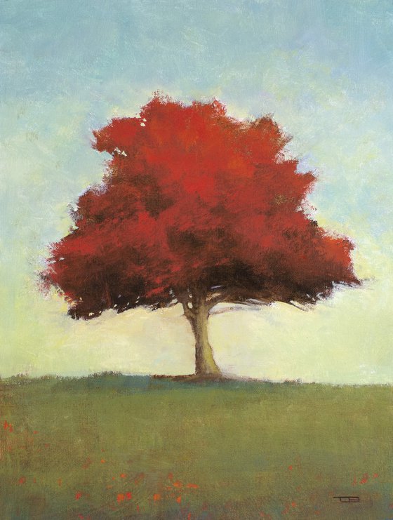 Red Tree 201103, fall colors peaceful zen tree painting.