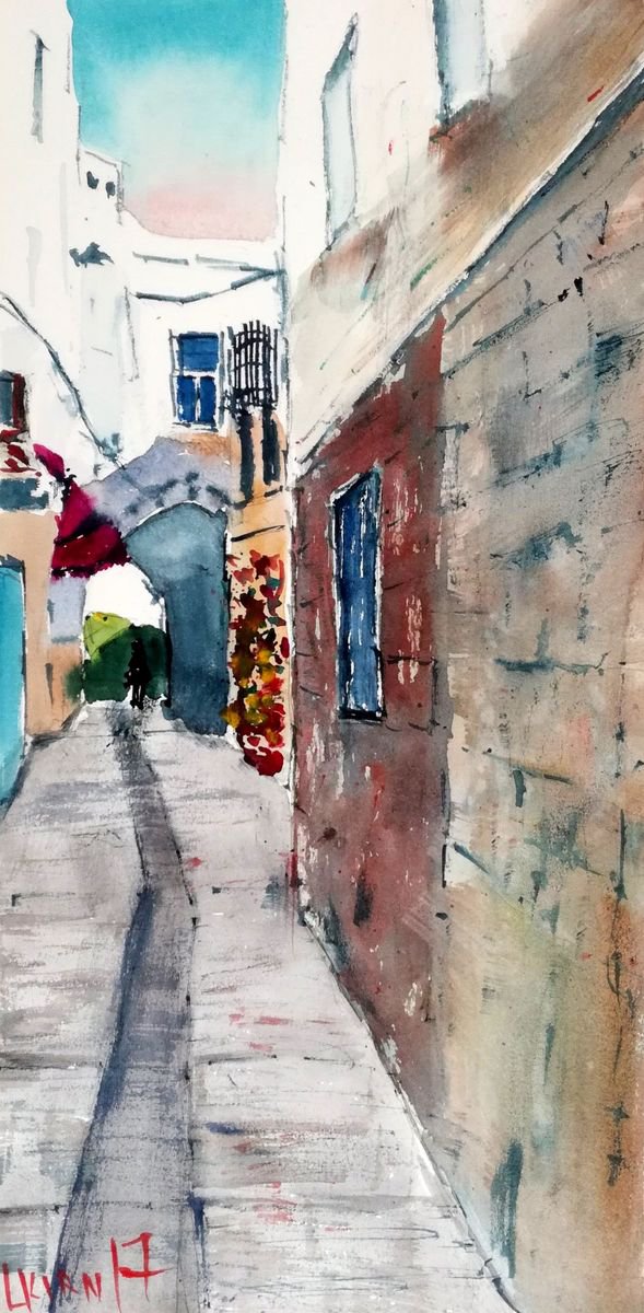 Impressionistic Cityscapes Watercolour By Leonid Kirnus, 8 X 15", Old Acre, Original Artwork