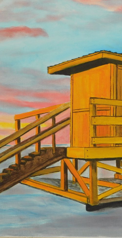 Yellow Lifeguard Stand At Sunset by Lloyd Dobson