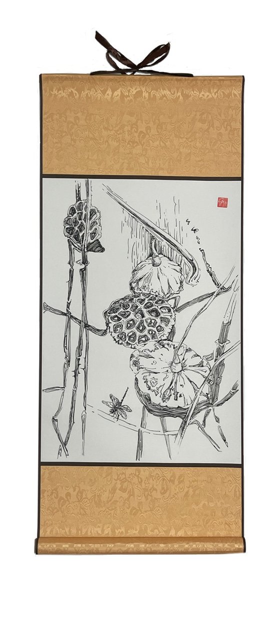 Lotus pods.Dragonfly