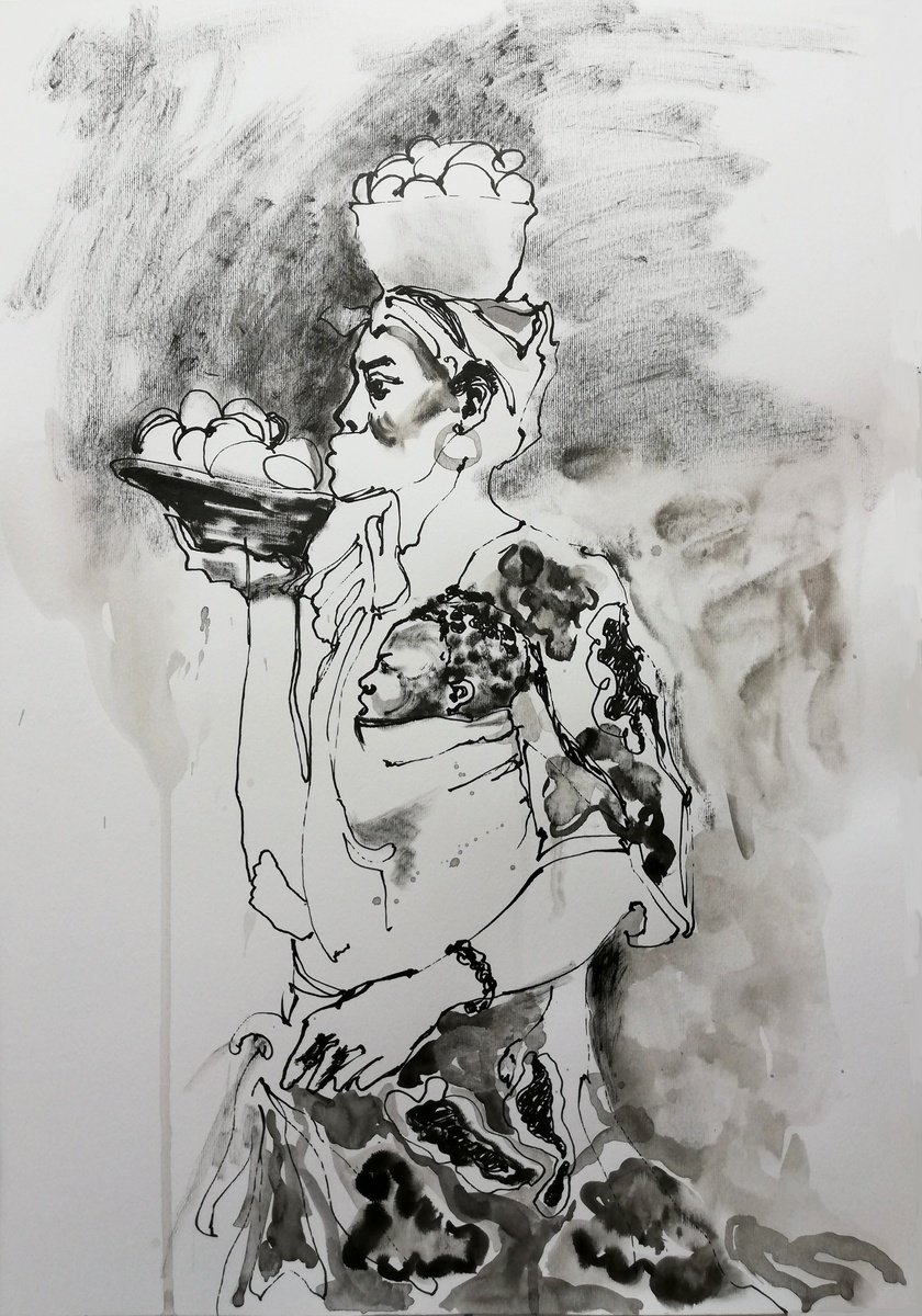Impressionistic Portrait Ink Drawing By Jelena Djokic, 14 X 21, Africa, Original Artwork