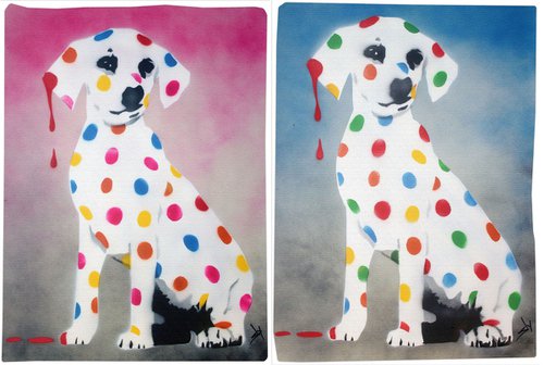 His & her Damien's dotty, spotty, puppy dawgs (on handmade watercolour paper. by Juan Sly