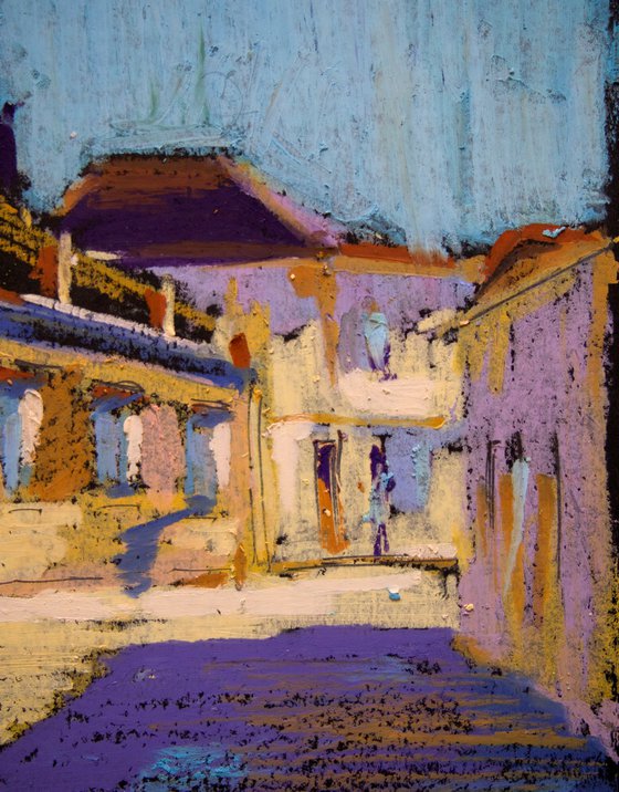 Sunny street in Faro, Portugal. Oil pastel painting. Small travel interior decor gift spain shadow original impression