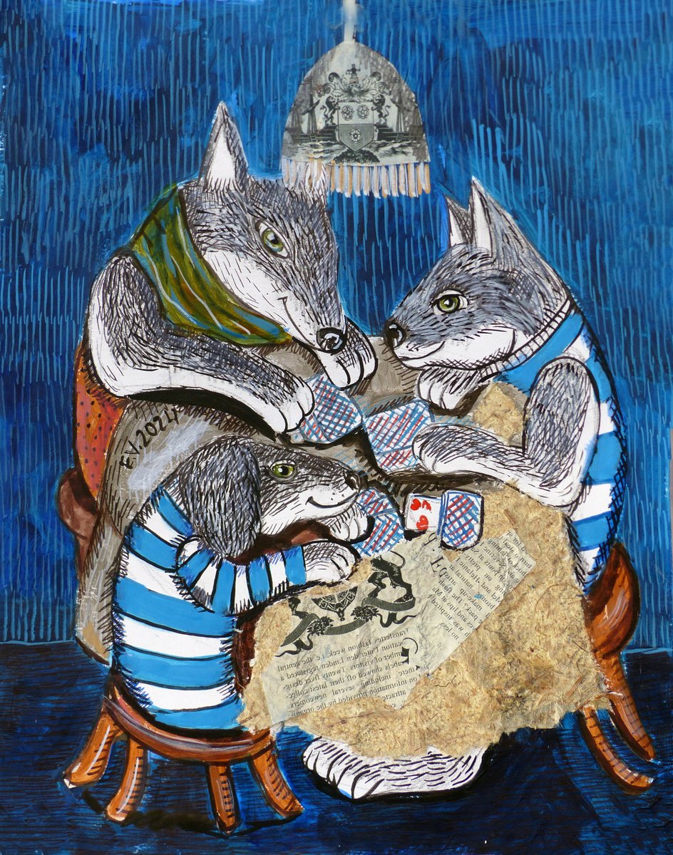 Surrealistic Animal Painting By Elizabeth Vlasova, 11 X 14, Secret Meeting Of Gamblers, Original Artwork