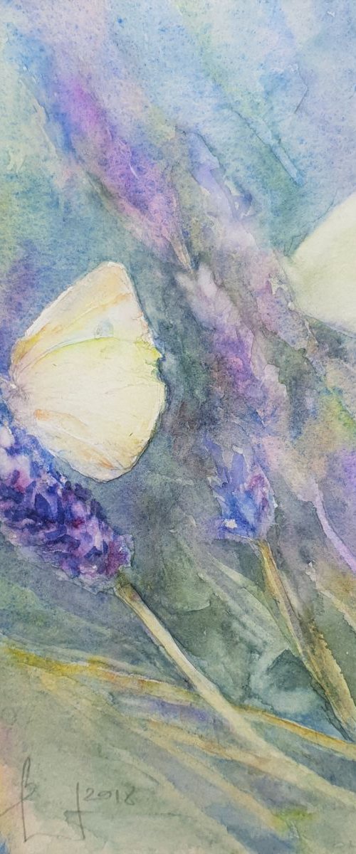 watercolour BUTTERFLY AND LAVENDER I flower painting 15X25 by Beata van Wijngaarden