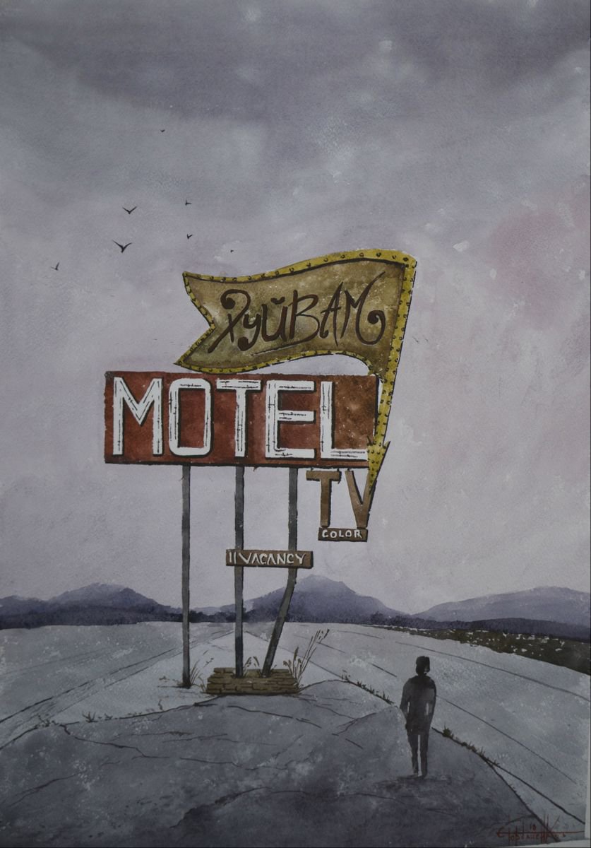 Photorealistic Landscape Watercolour By Eugene Gorbachenko, 17 X 24, Motel. Road Sign 42?60Cm, Original Artwork