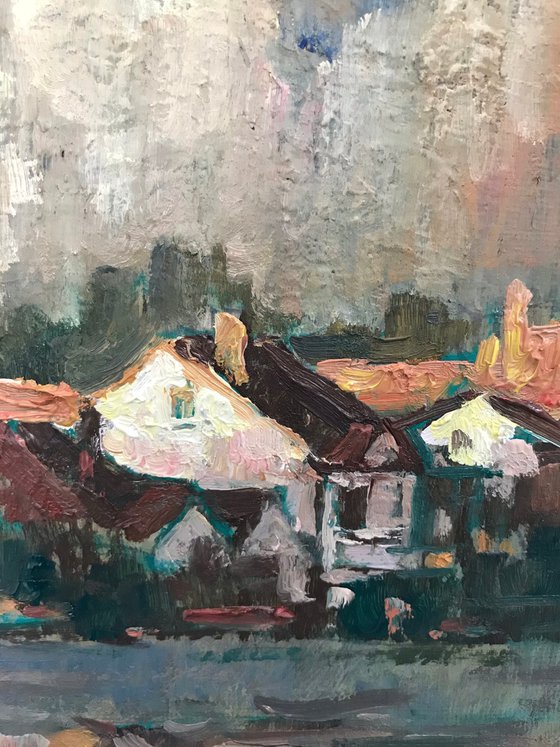 Original Oil Painting Wall Art Signed unframed Hand Made Jixiang Dong Canvas 25cm × 20cm landscape house on Old Road Small Impressionism Impasto