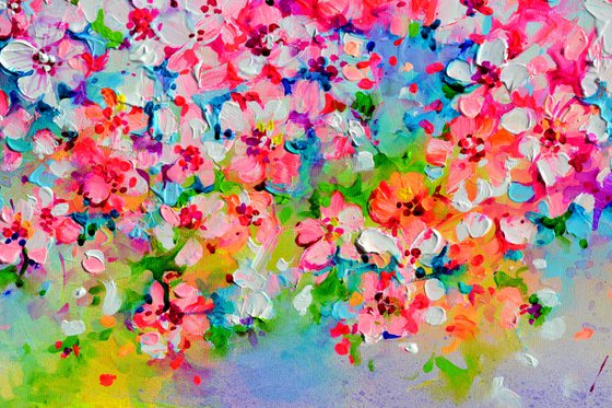 I've Dreamed 54 - Sakura Colorful Blossom - 120x40 cm, Palette Knife Modern Ready to Hang Floral Painting - Flowers Field Acrylics Painting