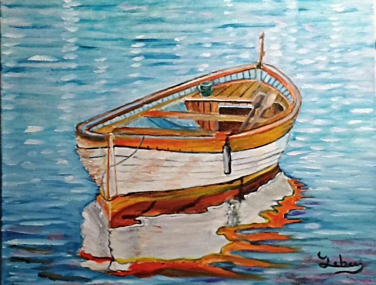 Impressionistic Landscape Oil Painting By Isabelle Lucas, 16 X 13, Orange Boat, Original Artwork