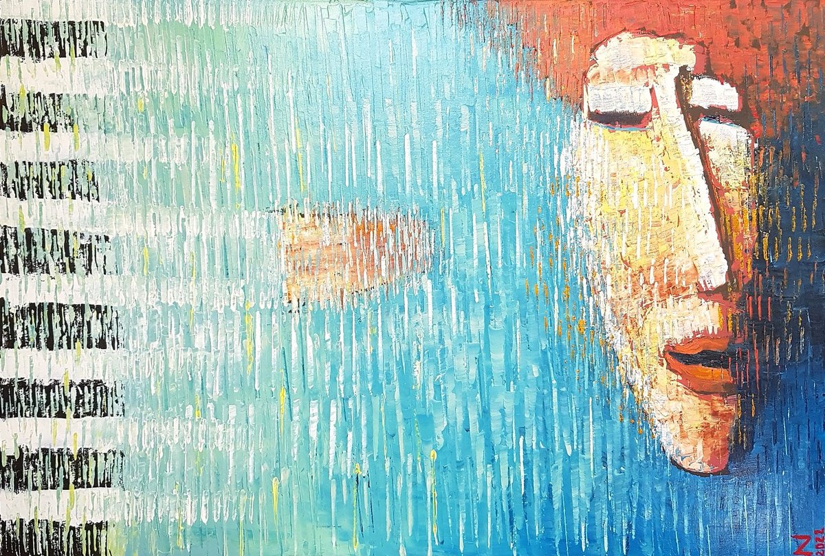 Surrealistic Abstract Oil Painting By Zhana Viel, 36 X 24", Aqua Klavier, Original Artwork