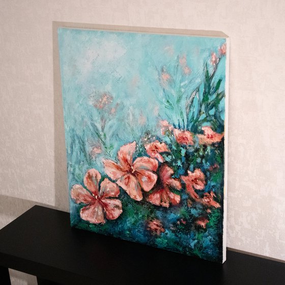 Coral oleanders | 50*60 cm | impasto volumetric oil painting of flowers