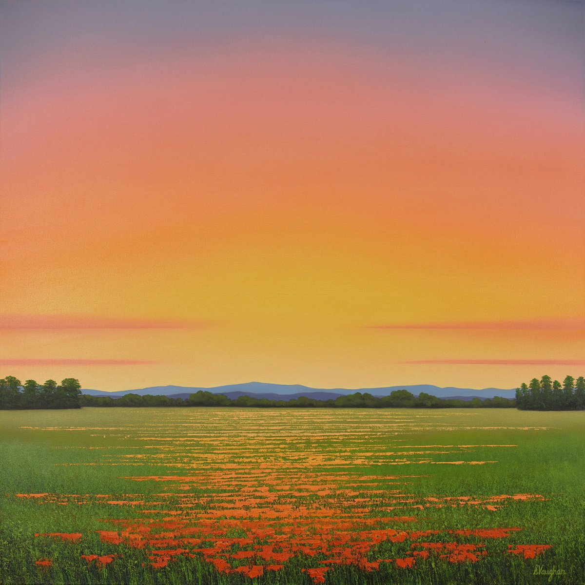 Impressionistic Landscape Oil Painting By Suzanne Vaughan, 30 X 30", Sunlit Sky - Flower Field, Original Artwork