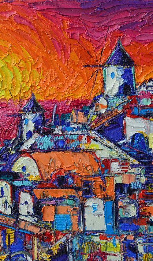 ABSTRACT SANTORINI OIA SUNSET 7 GREECE CYCLADES ISLANDS contemporary impressionist abstract cityscape impasto palette knife original oil painting by ANA MARIA EDULESCU