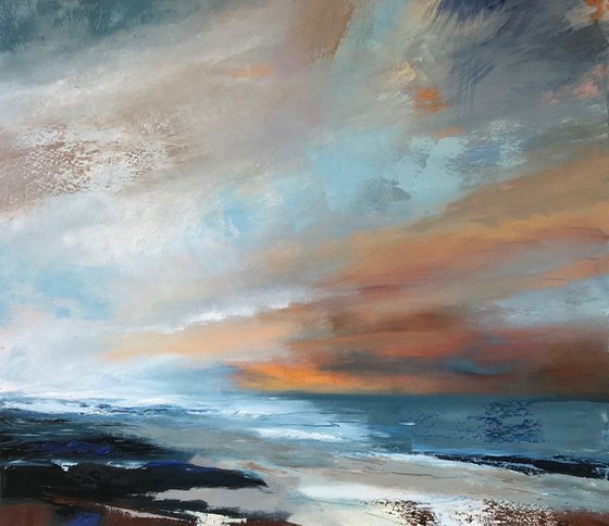 Warm Sky over Cornish Sea Oil painting by Belinda Reynell | Artfinder