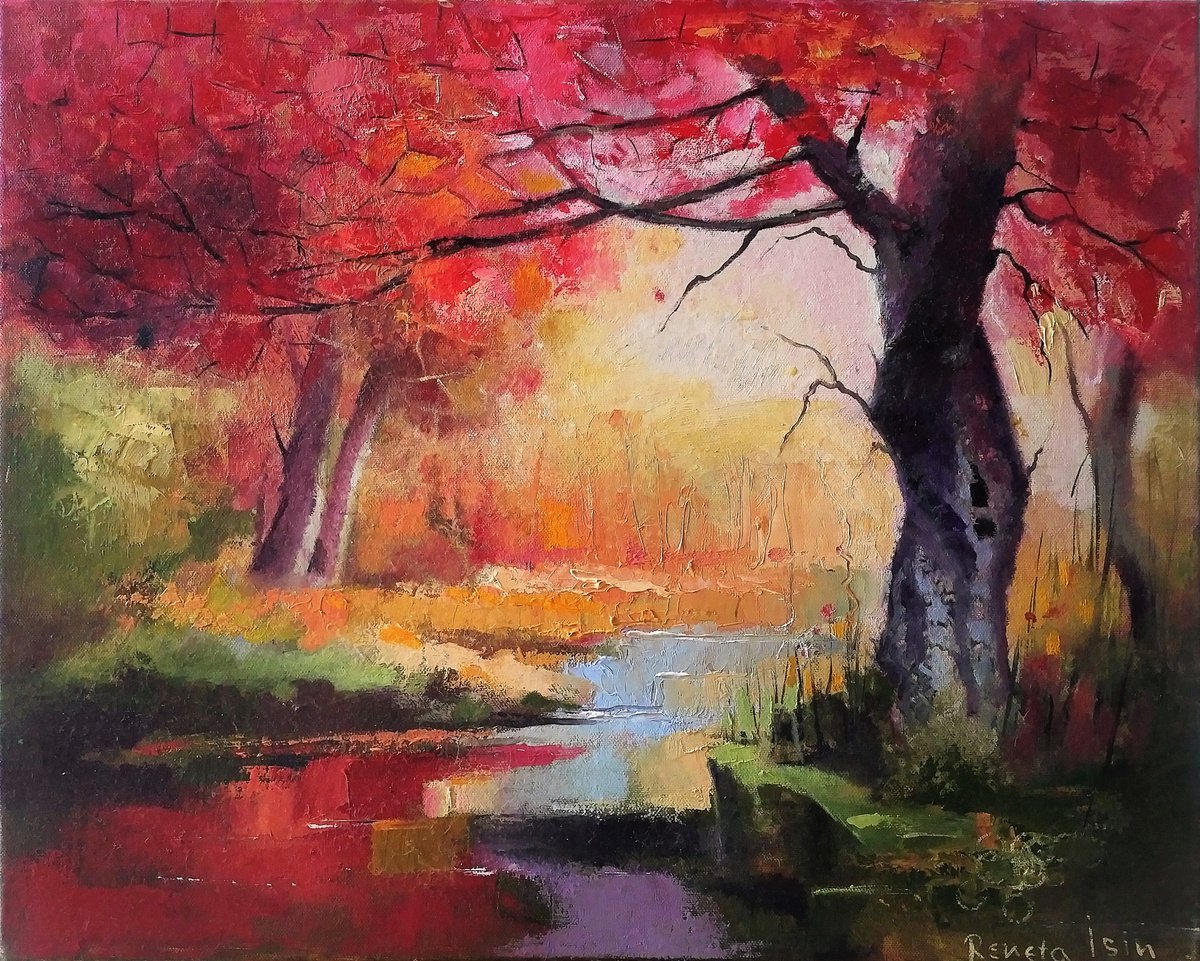 Impressionistic Landscape Oil Painting By Reneta Isin, 20 X 16", " The Red River ", Original Artwork
