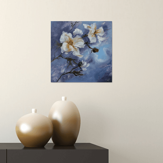 White Anemone flowers and thunder sky