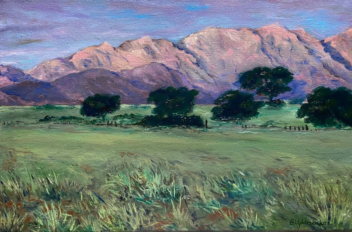 Impressionistic Landscape Oil Painting By Bohdan Vykhrenko, 12 X 8, Pink Mountains, Original Artwork