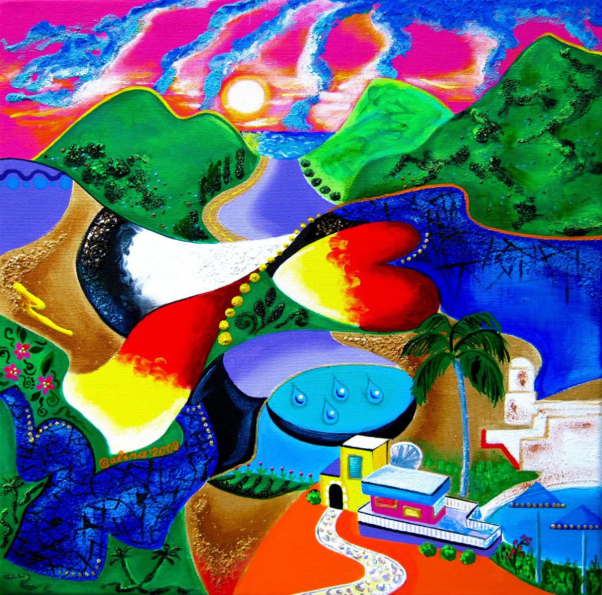 Landscape Acrylic Painting By Galina Victoria, 16 X 16, Sunset Panorama Of Pr, Original Artwork