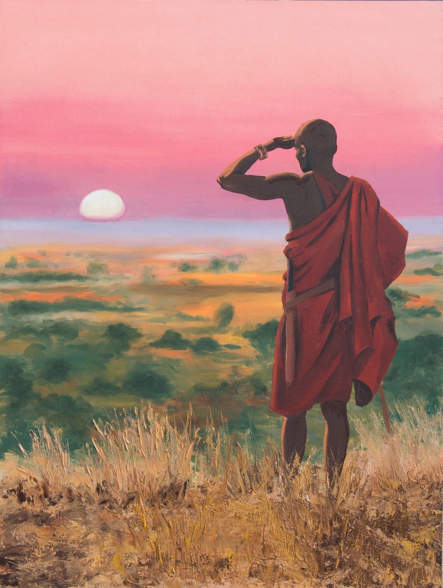 Illustrative Portrait Oil Painting By Lewis Evans, 24 X 31", Maasai Sunset, Original Artwork