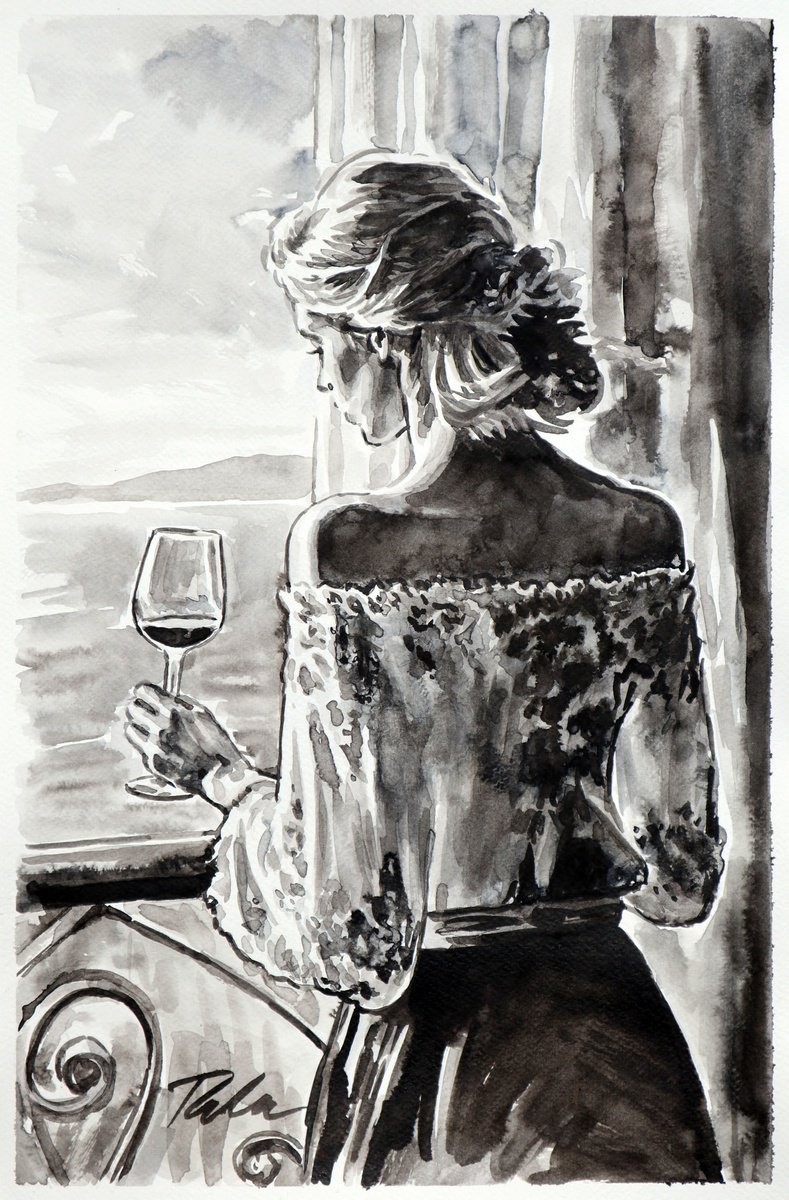 Urban And Pop Portrait Ink Drawing By Tashe, 12 X 18", "Sip Of Serenity", Original Artwork