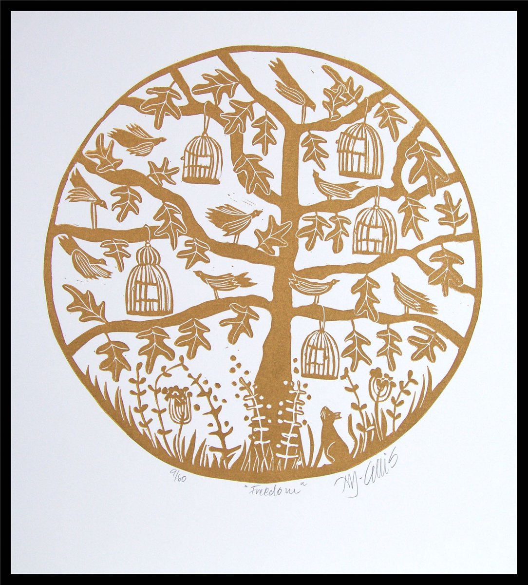 Freedom, round linocut printed in gold on white by Mariann Johansen-Ellis