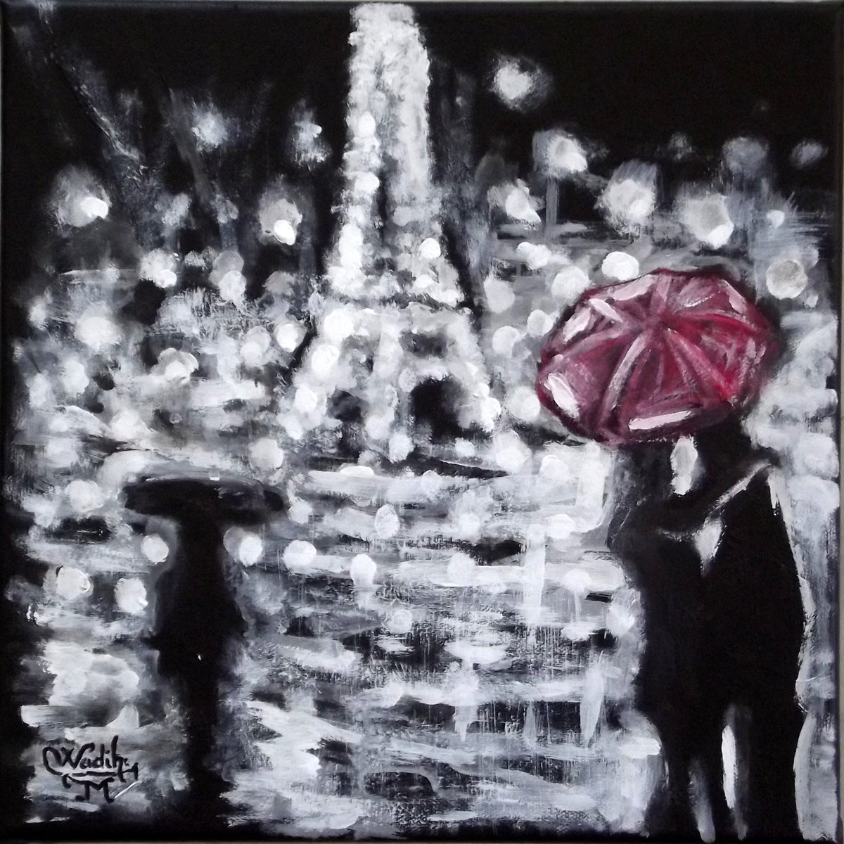 PARIS NIGHT LOVERS - Acrylic Painting - 30X30 cm by Wadih Maalouf