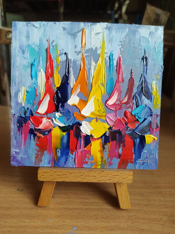 Small yachts - yacht racing, yacht, boats, oil painting, yacht club, sea with yachts, yacht original painting, seascape, small size, postcard size