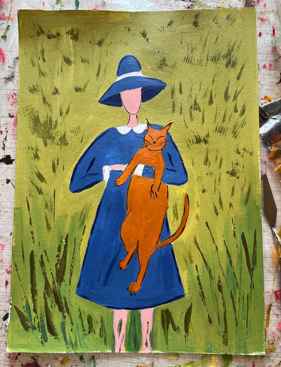 Girl Cat Original Painting
