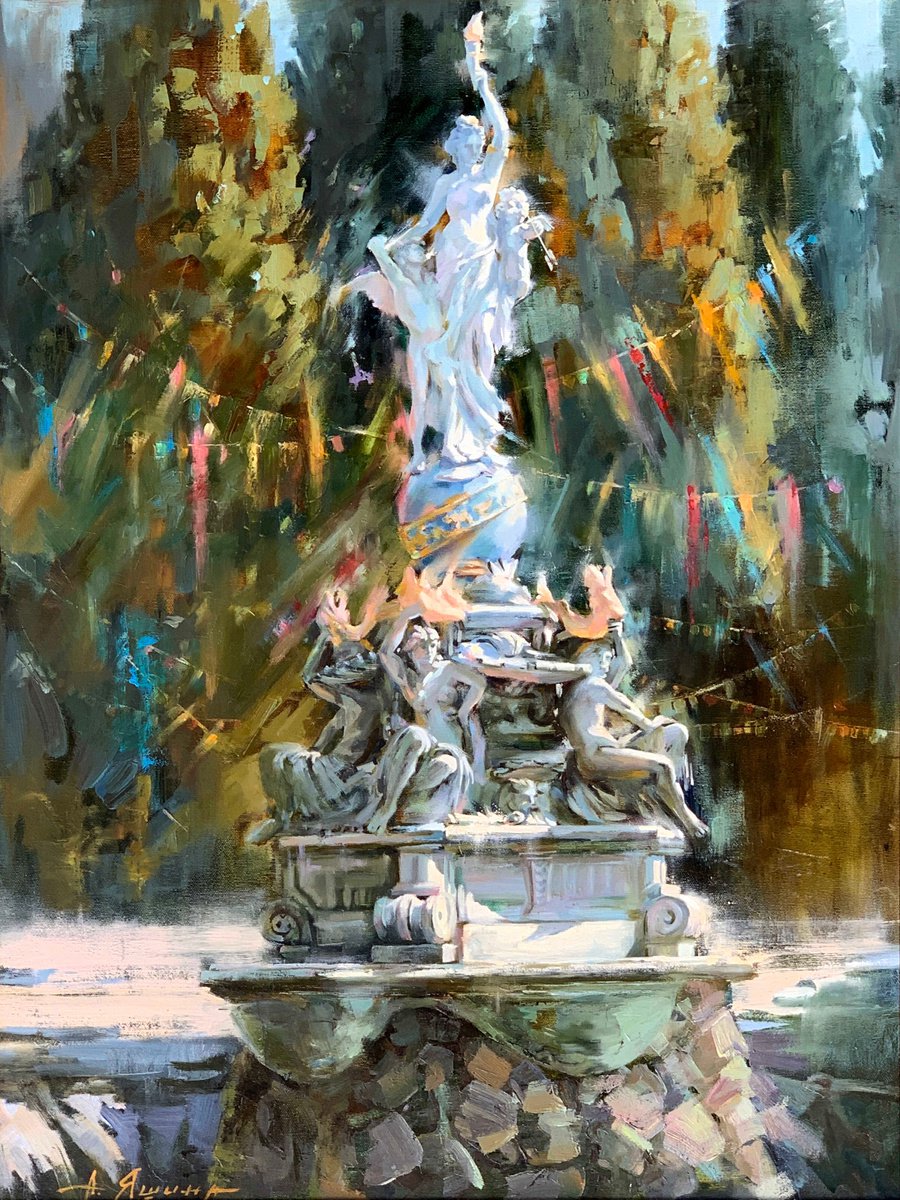 Fountain Night Original oil painting by Alla Yashina